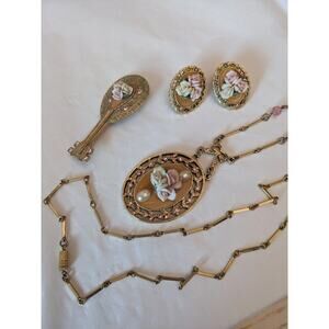 Vintage Gold Tone Floral Pink Porcelain Jewelry Set